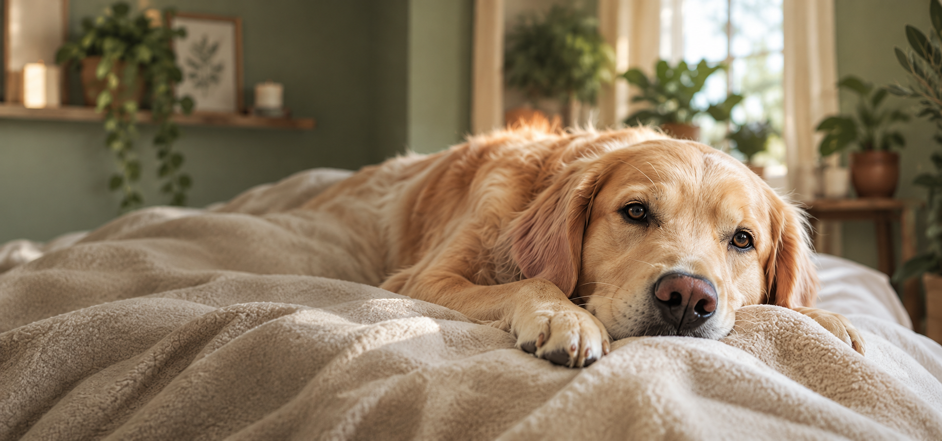 Relaxed golden retriever resting in a sunny room