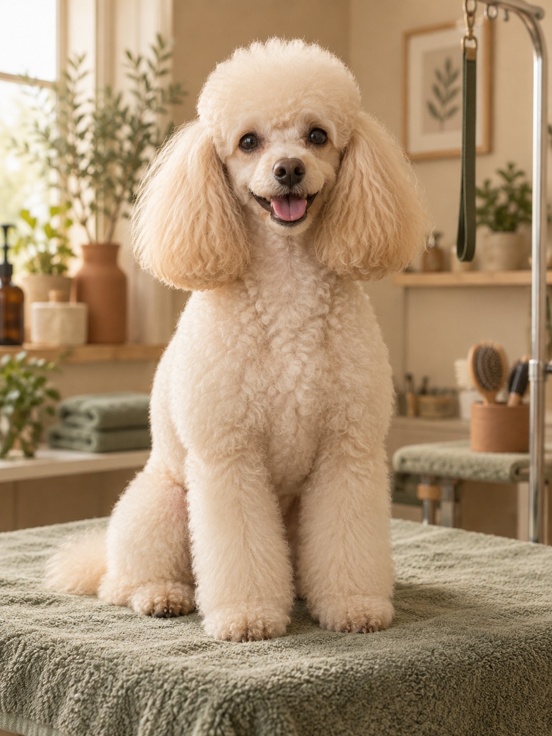 Freshly groomed cream poodle