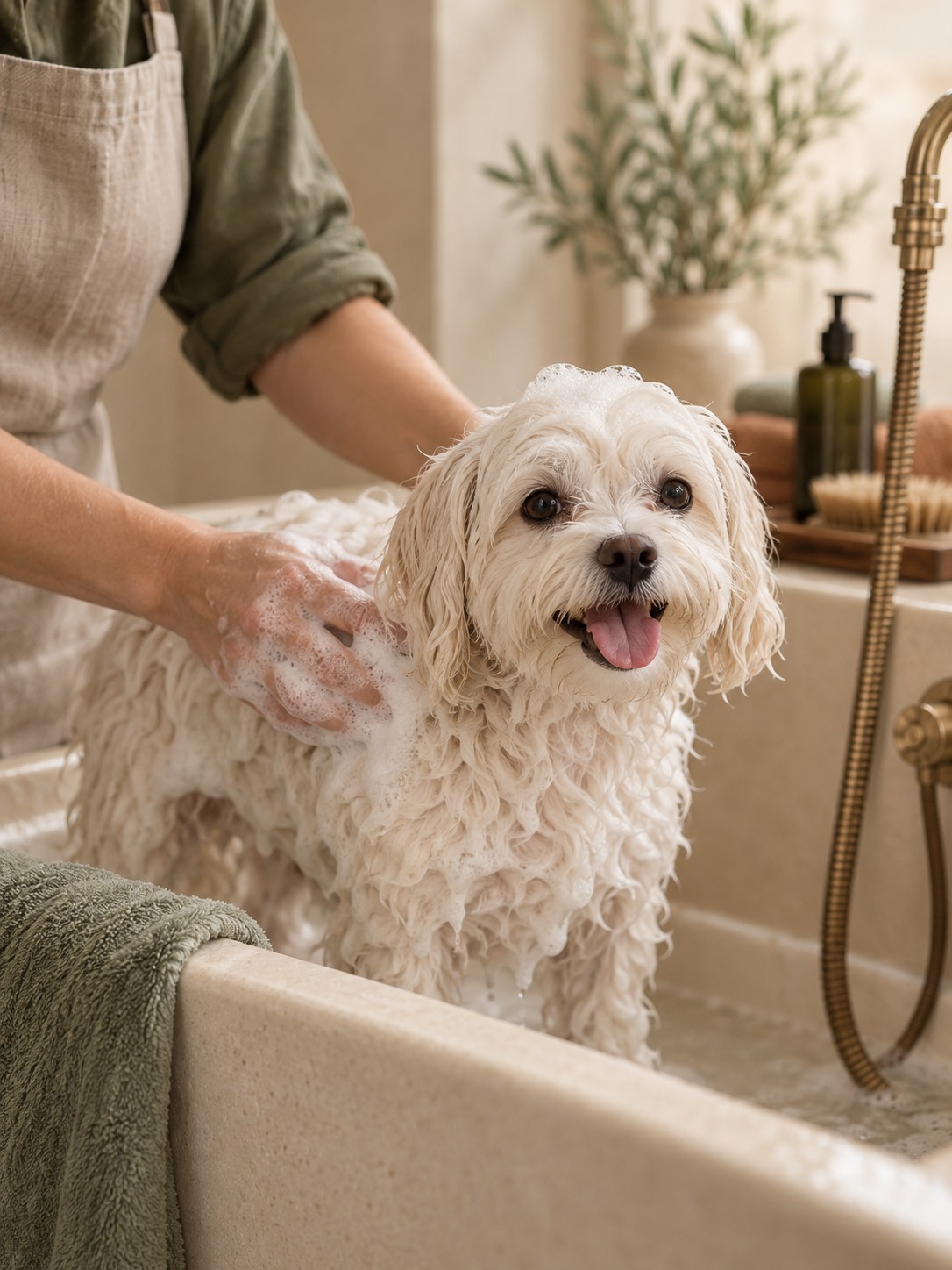 White dog receiving a conditioning bath