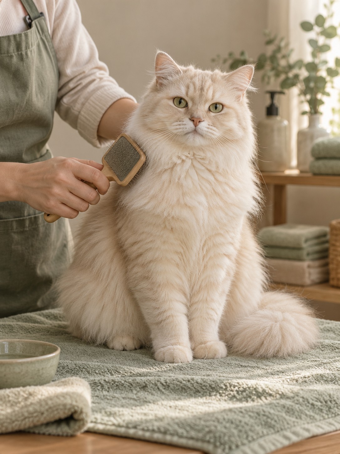 Calm cat receiving gentle brushing