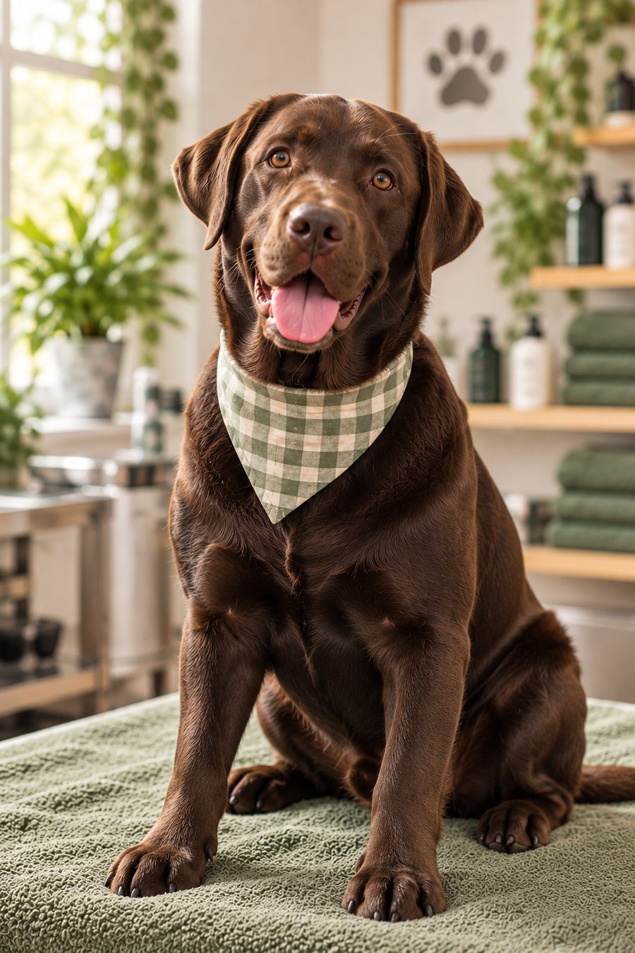 Happy chocolate Labrador wearing a green gingham bandana after a bath