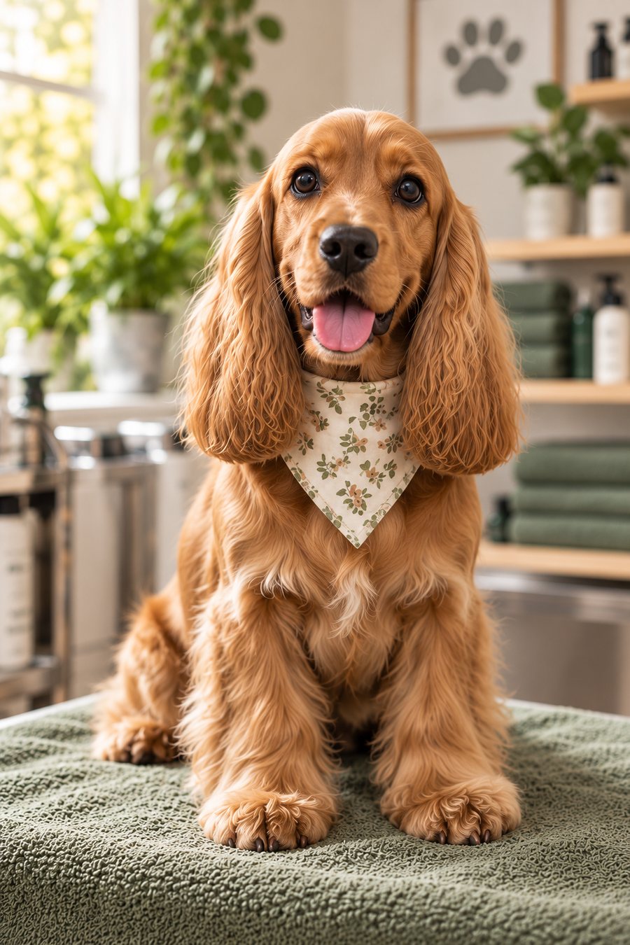 Cocker Spaniel with silky brushed ears and a floral bandana