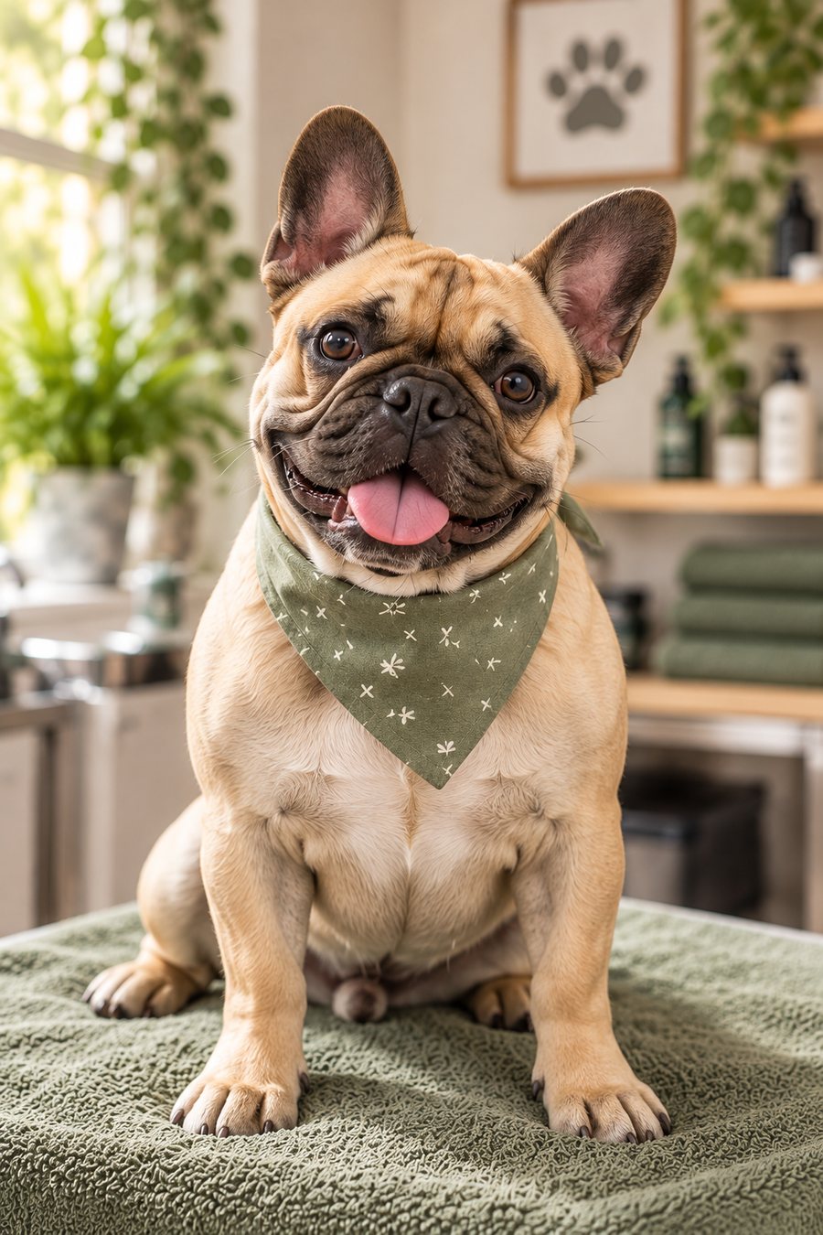 Smiling French Bulldog in a sage bandana on the grooming table