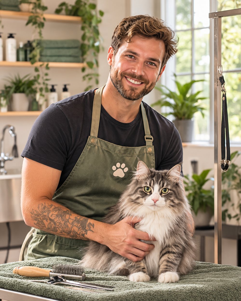 Daniel Reyes, cat specialist, with a fluffy grey and white cat on the grooming table