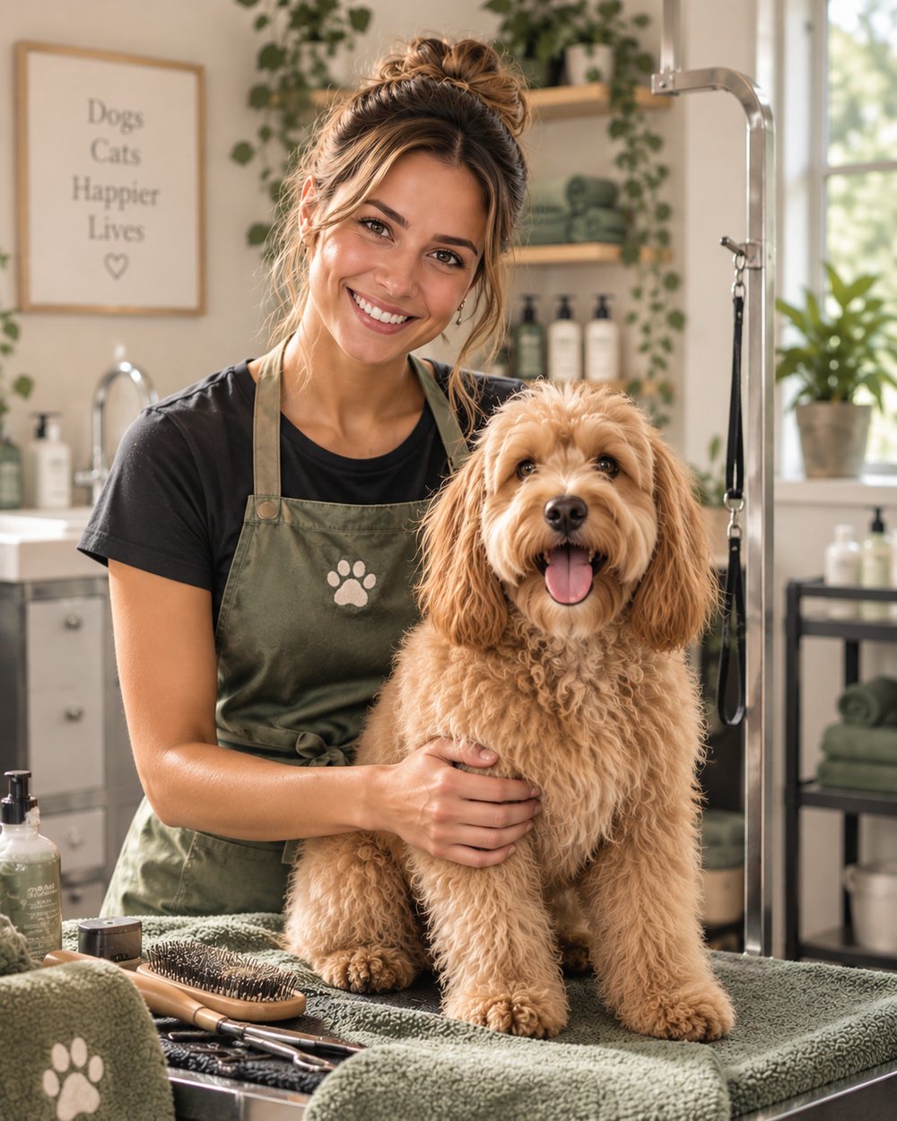 Maya Collins, head groomer, smiling with a freshly groomed doodle in the studio