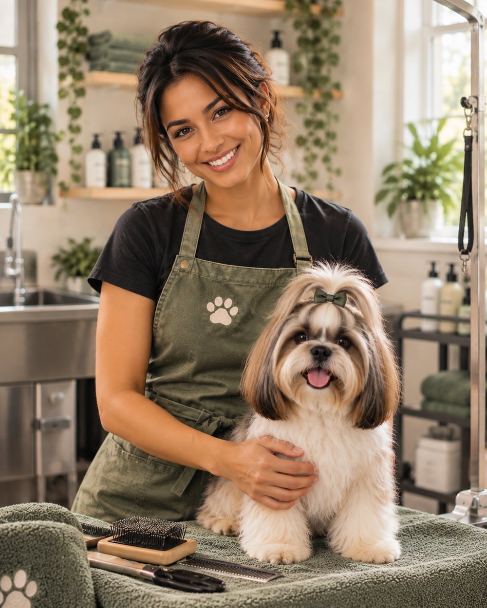 Priya Nair, spa therapist, with a Shih Tzu wearing a green bow