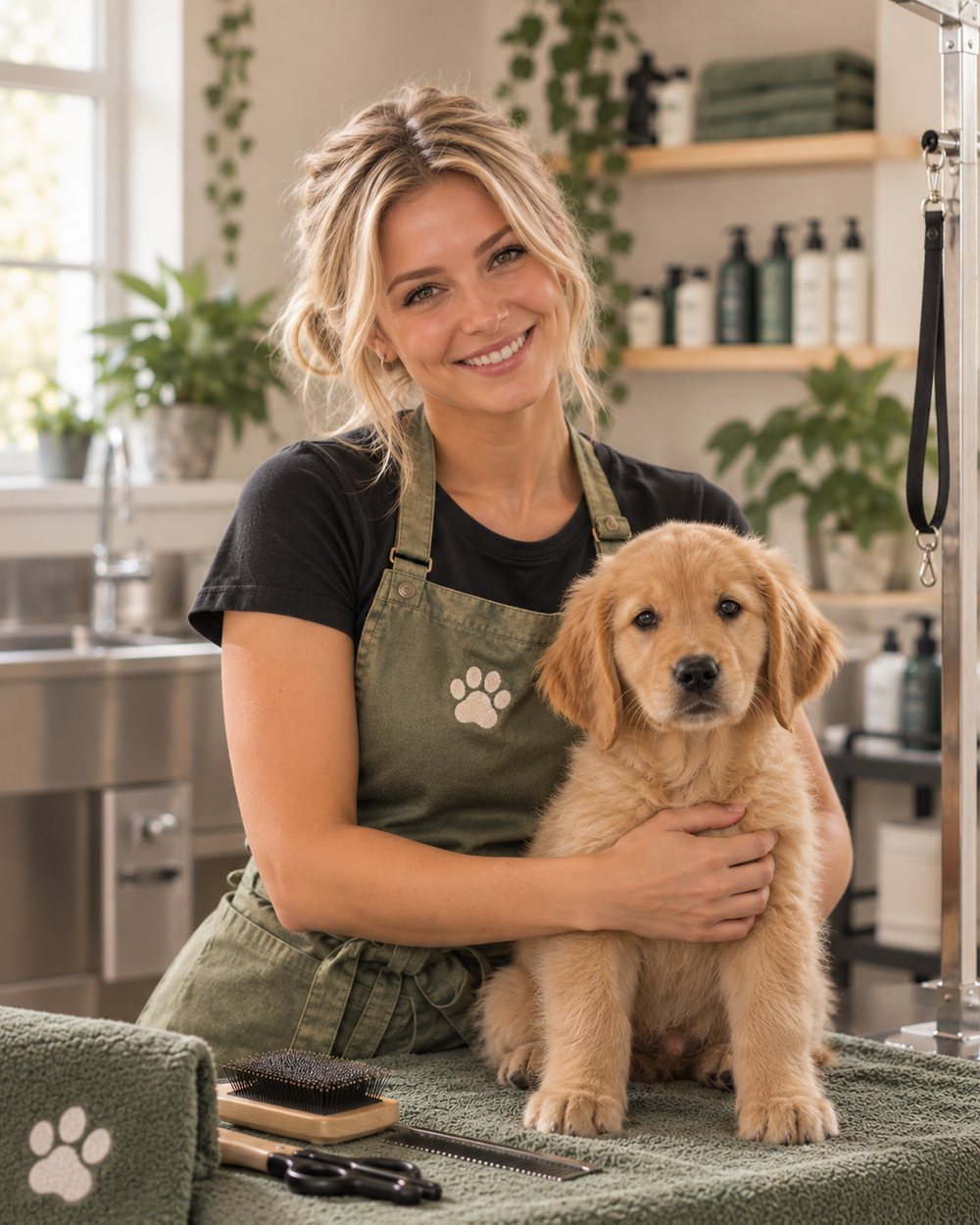 Sam Okafor, puppy handler, holding a golden retriever puppy